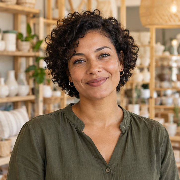 AI-generated portrait of fictional fictional boutique owner Nia Laurent